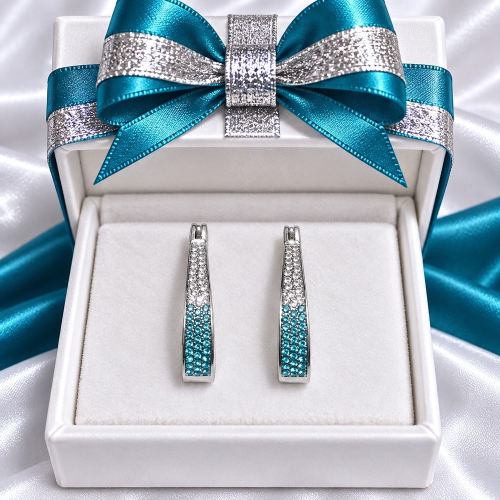 Silver Tone Ombre Blue and Clear Crystal Teardrop Hoop Earrings for Women